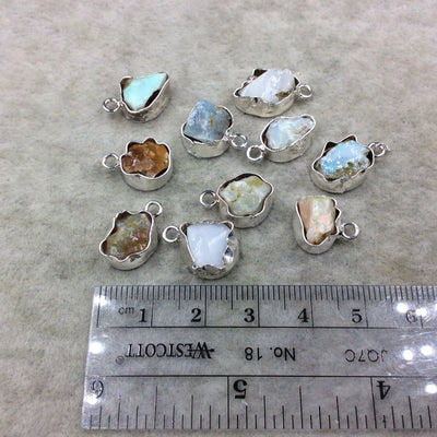 Silver Finish Small Raw Nugget Genuine Ethiopian Opal Wavy Bezel Pendant  ~ 10mm - 13mm Long - Sold Individually, Selected At Randomly