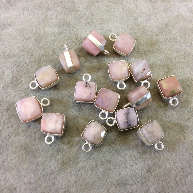 Rhodochrosite Bezel | Silver Finish Faceted Cube Square Shape Plated Copper Charm Drop - Measures 7mm x 8mm - Natural Gemstone