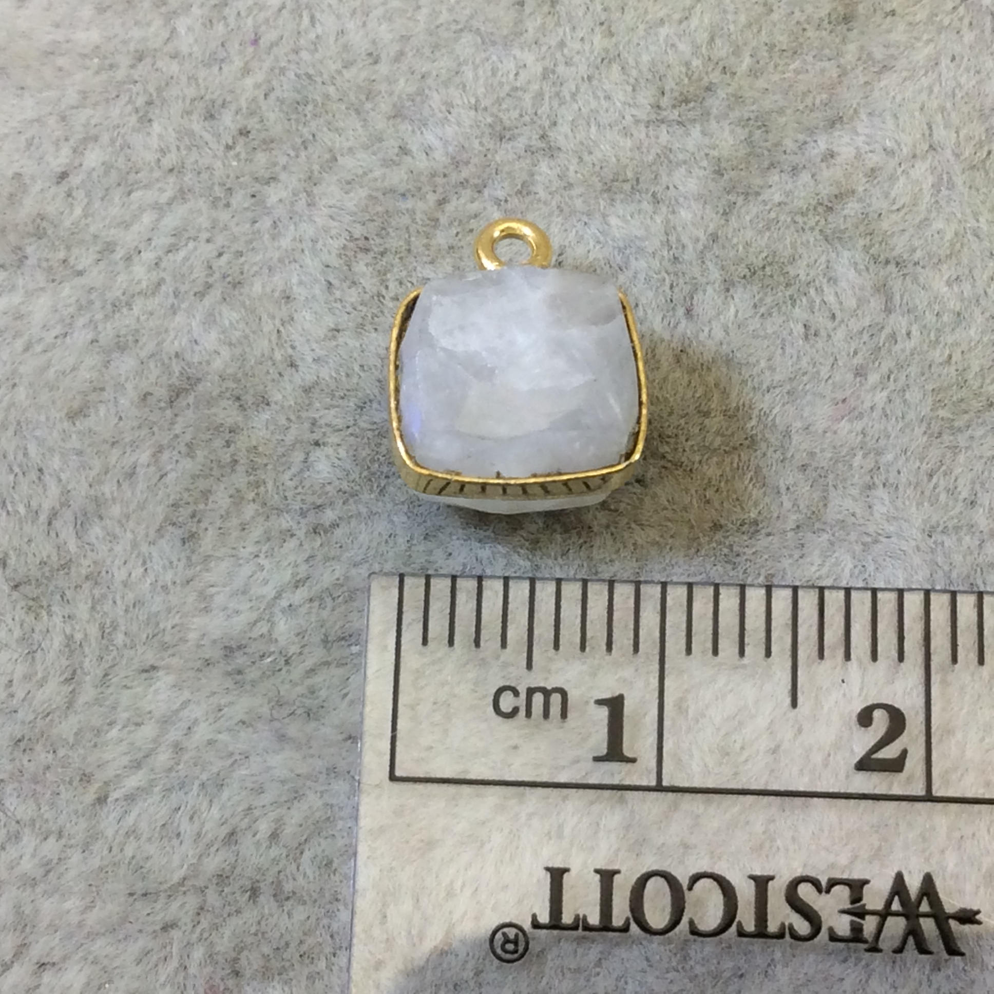 Gold Finish Faceted Rainbow Moonstone Cube/Square Shape Plated Copper Bezel Pendant - ~ 7-8mm - Natural Gemstone - Sold Individually
