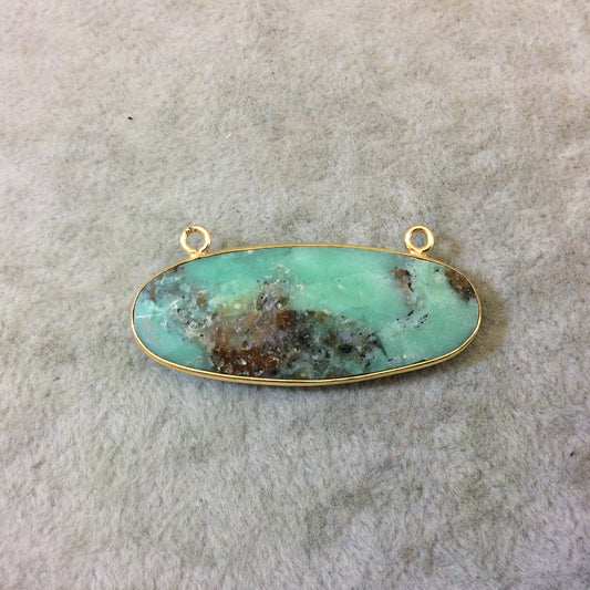 Gold Plated Natural Green Chrysoprase Faceted Oval Shaped Copper Bezel Pendant W 2 Rings - Measures 15mm x 40mm - Sold Individually, Random
