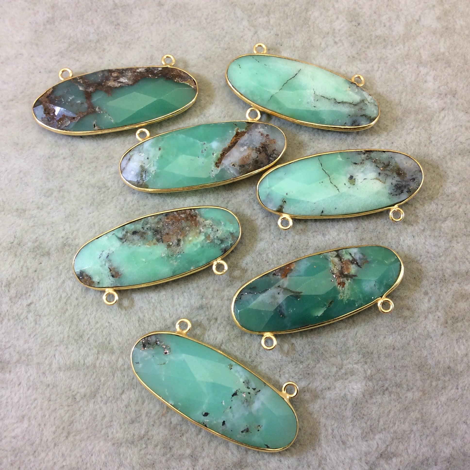 Gold Plated Natural Green Chrysoprase Faceted Oval Shaped Copper Bezel Pendant W 2 Rings - Measures 15mm x 40mm - Sold Individually, Random
