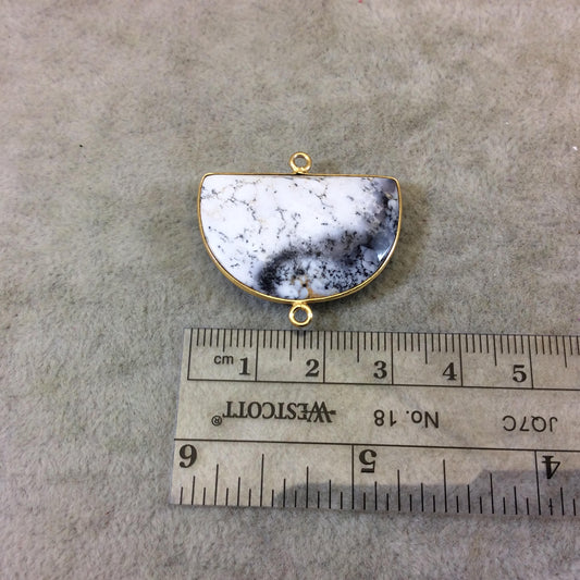Gold Plated Faceted Gray/White Dendritic Opal Half Moon Shaped Bezel Connector - ~ 20mmx30mm - Natural Gemstone Sold Per Each, Random