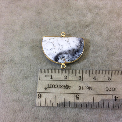 Gold Plated Faceted Gray/White Dendritic Opal Half Moon Shaped Bezel Connector - ~ 20mmx30mm - Natural Gemstone Sold Per Each, Random