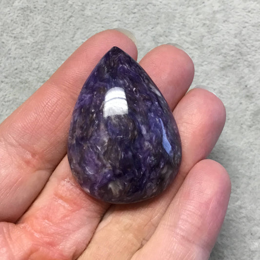 OOAK Natural Purple Charoite Pear/Teardrop Flat Back Cabochon "21" - Measuring 32mm x 43mm, 12mm Dome Height - High Quality Gemstone Cab