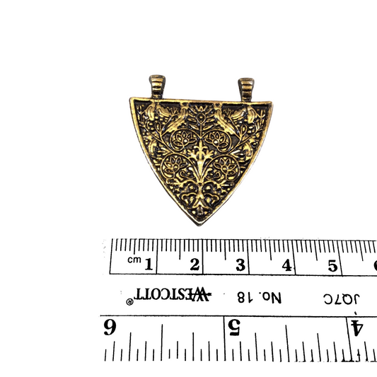 1.25" Oxidized Brass Detailed Floral Triangle  Shaped Pendant with Double Attached Bails  - ~ 35mm x 37mm, Approx. - Sold Individually