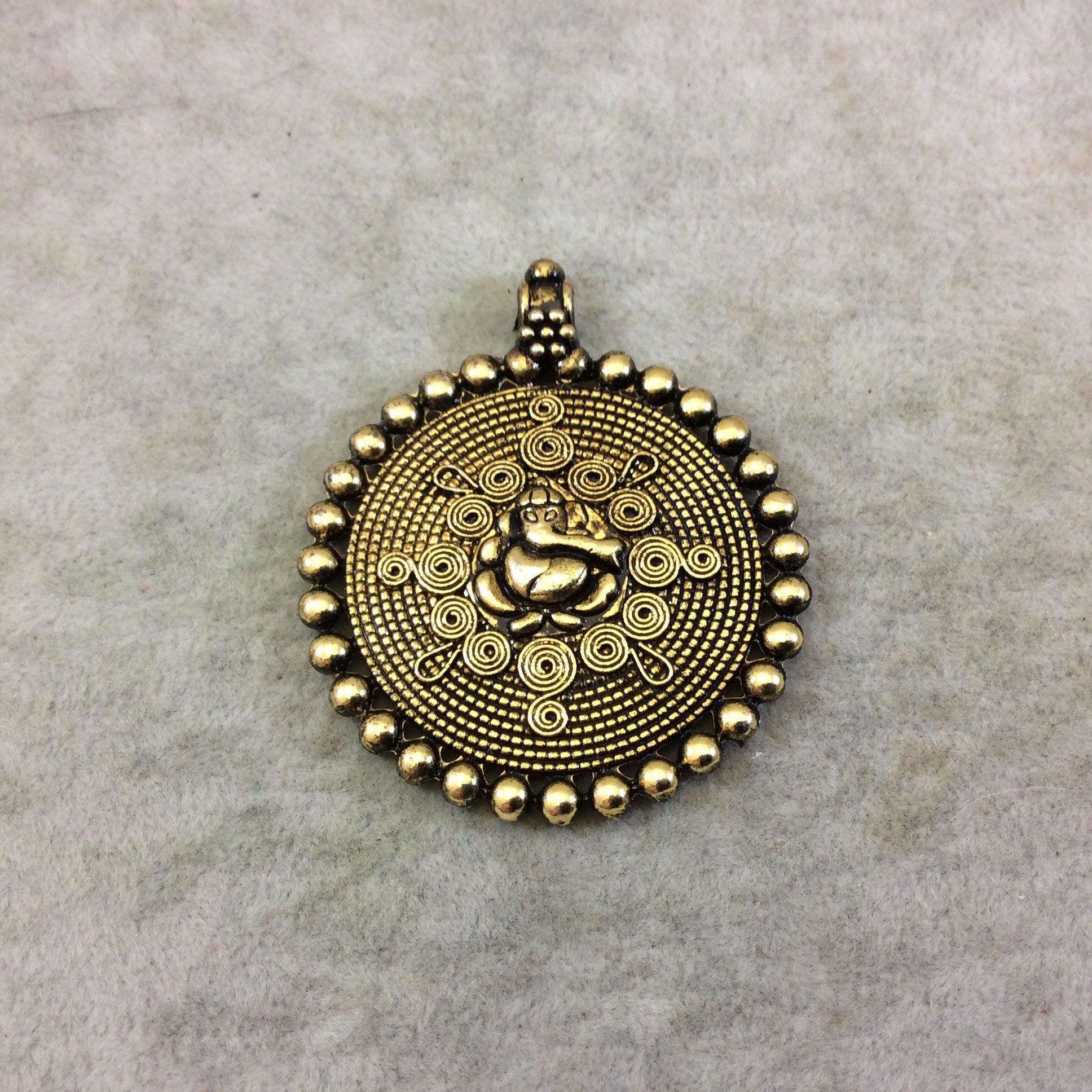 2" Oxidized Gold Plated Rustic Ganesha With Swirls And Dots Copper Round God/Deity Pendant With Attached Bail  ~ 50mm x  50mm Sold Per Each