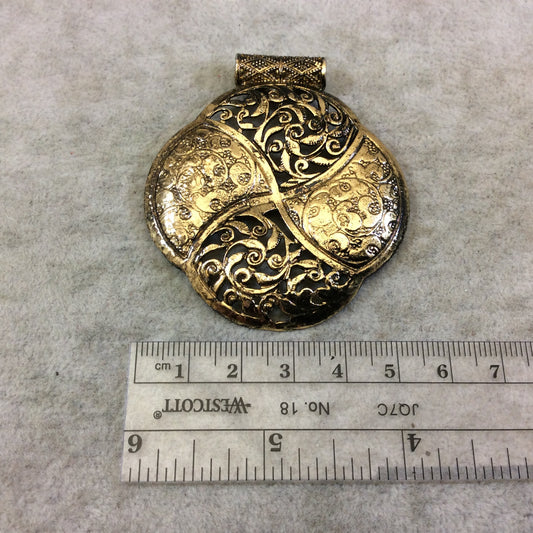 2" Oxidized Gold Plated Rustic Scalloped/Swirl Rounded Diamond Plated Copper Pendant With Attached Bail  ~ 54mm x  54mm Sold Per Each