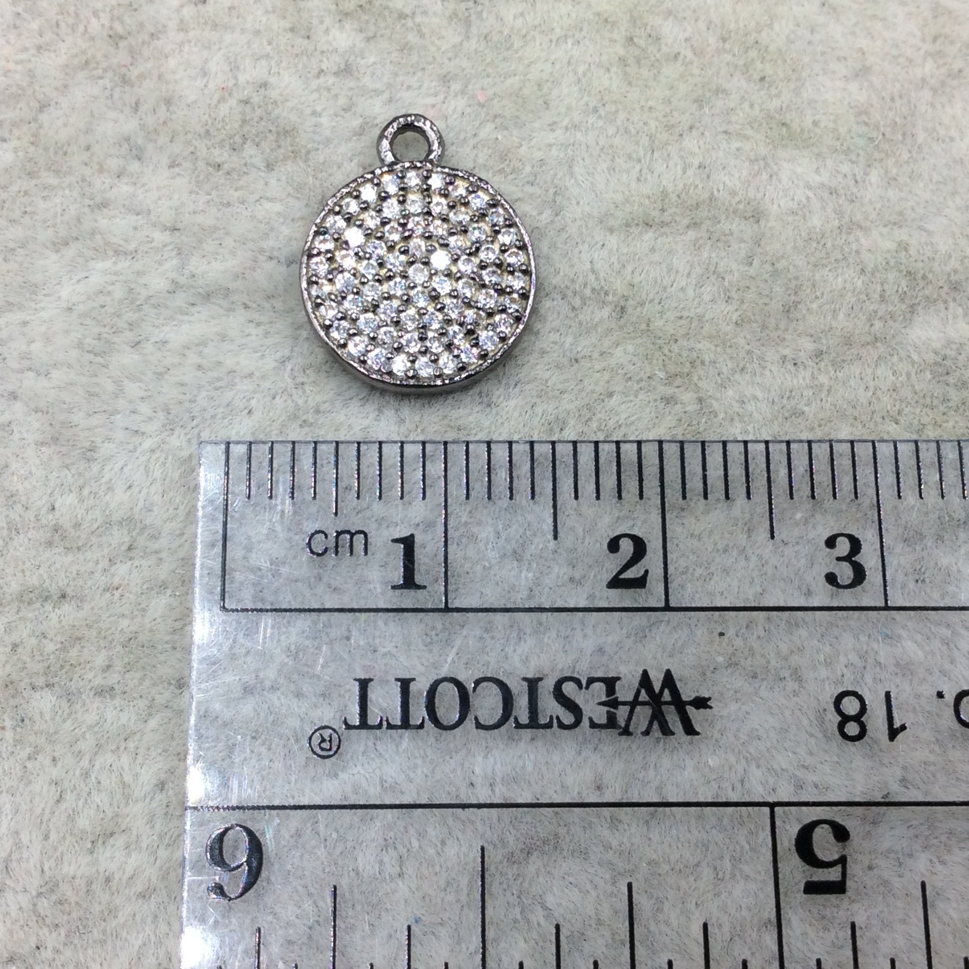Tiny Gunmetal Finish Round/Coin Shaped CZ Cubic Zirconia Inlaid Plated Copper Pendant Component - Measuring 11mm x 11mm  - Sold Individually