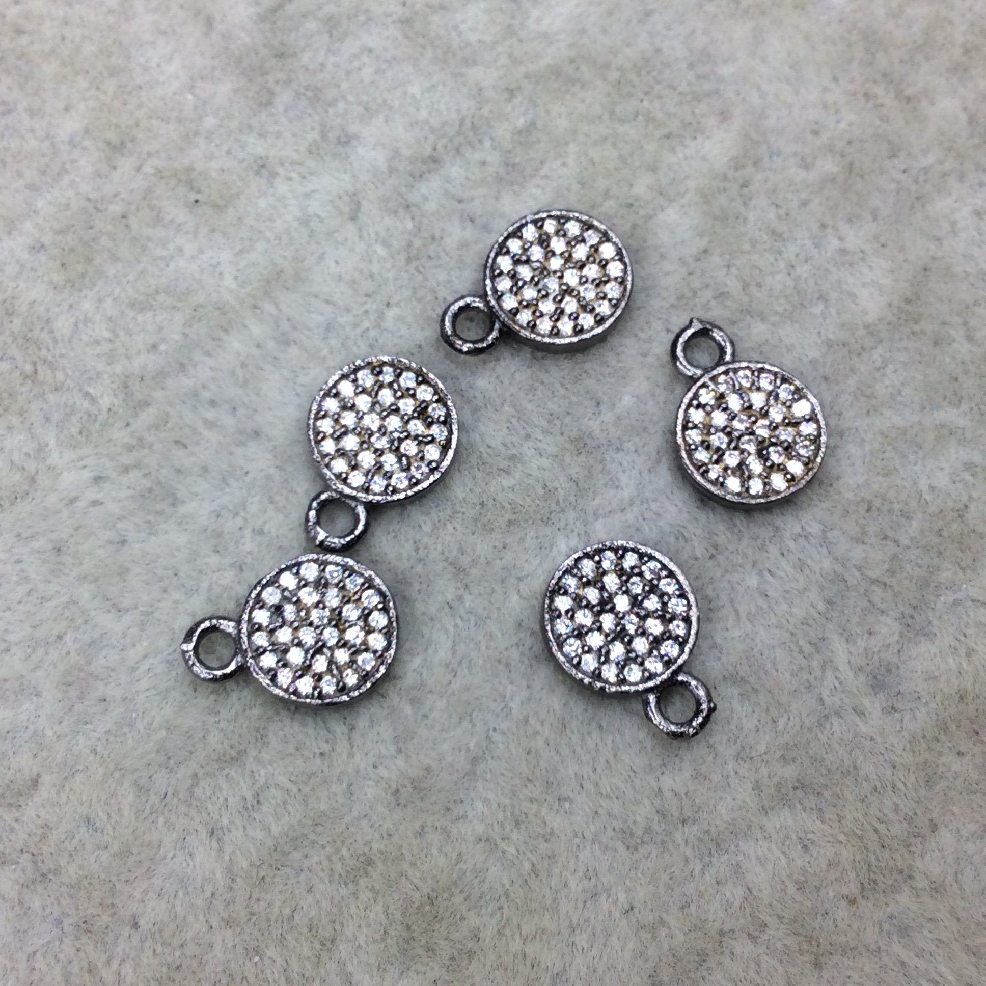Tiny Gunmetal Finish Round/Coin Shaped CZ Cubic Zirconia Inlaid Plated Copper Pendant Component - Measuring 7mm x 7mm  - Sold Individually