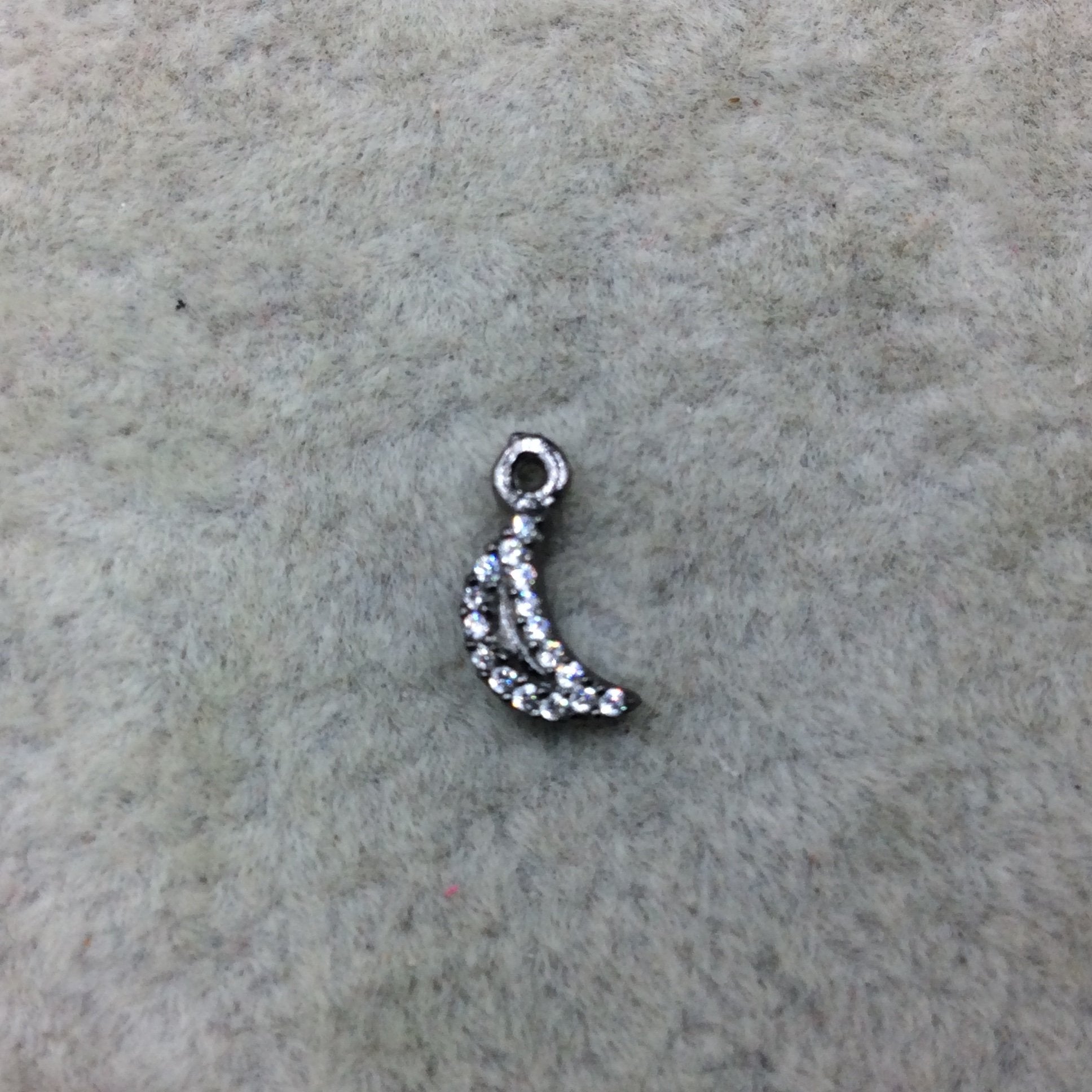 Tiny Gunmetal Finish Vertical Crescent Moon Shape CZ Cubic Zirconia Inlaid Plated Copper Pendant Component  ~ 5mm x 8mm  - Sold Individually