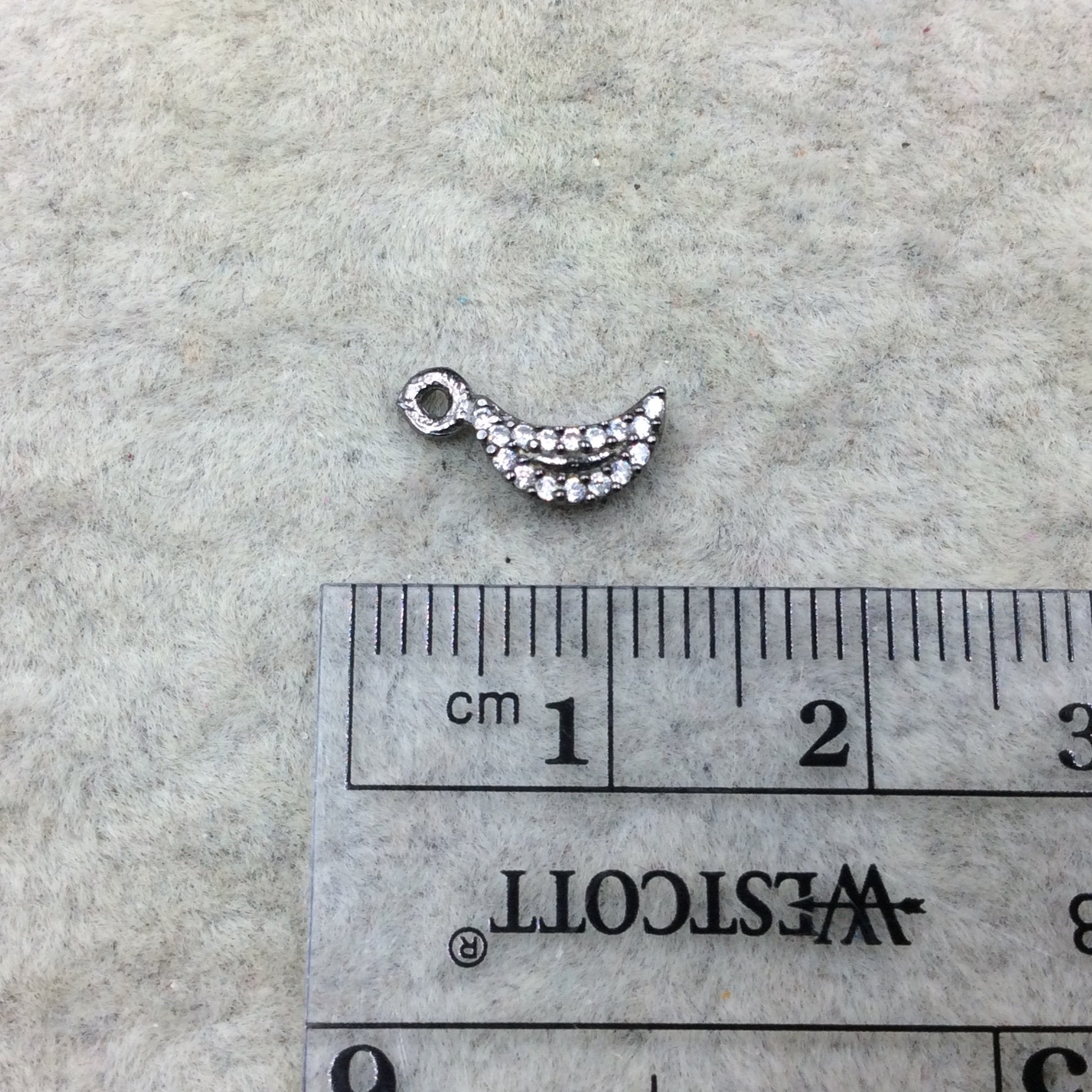 Tiny Gunmetal Finish Vertical Crescent Moon Shape CZ Cubic Zirconia Inlaid Plated Copper Pendant Component  ~ 5mm x 8mm  - Sold Individually