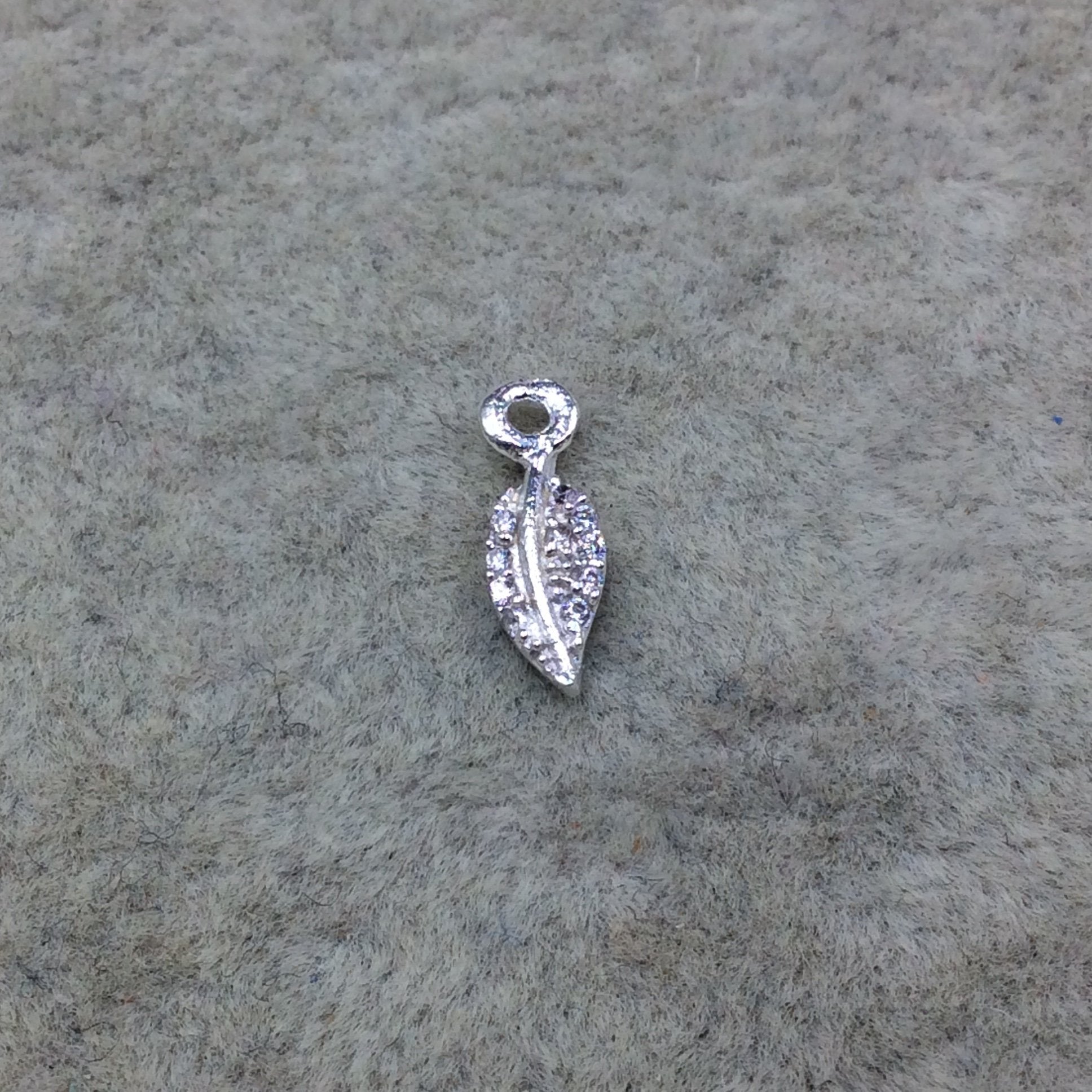 Tiny Silver Finish Long Leaf Shaped CZ Cubic Zirconia Inlaid Plated Copper Pendant Component - Measuring 4mm x 8mm  - Sold Individually