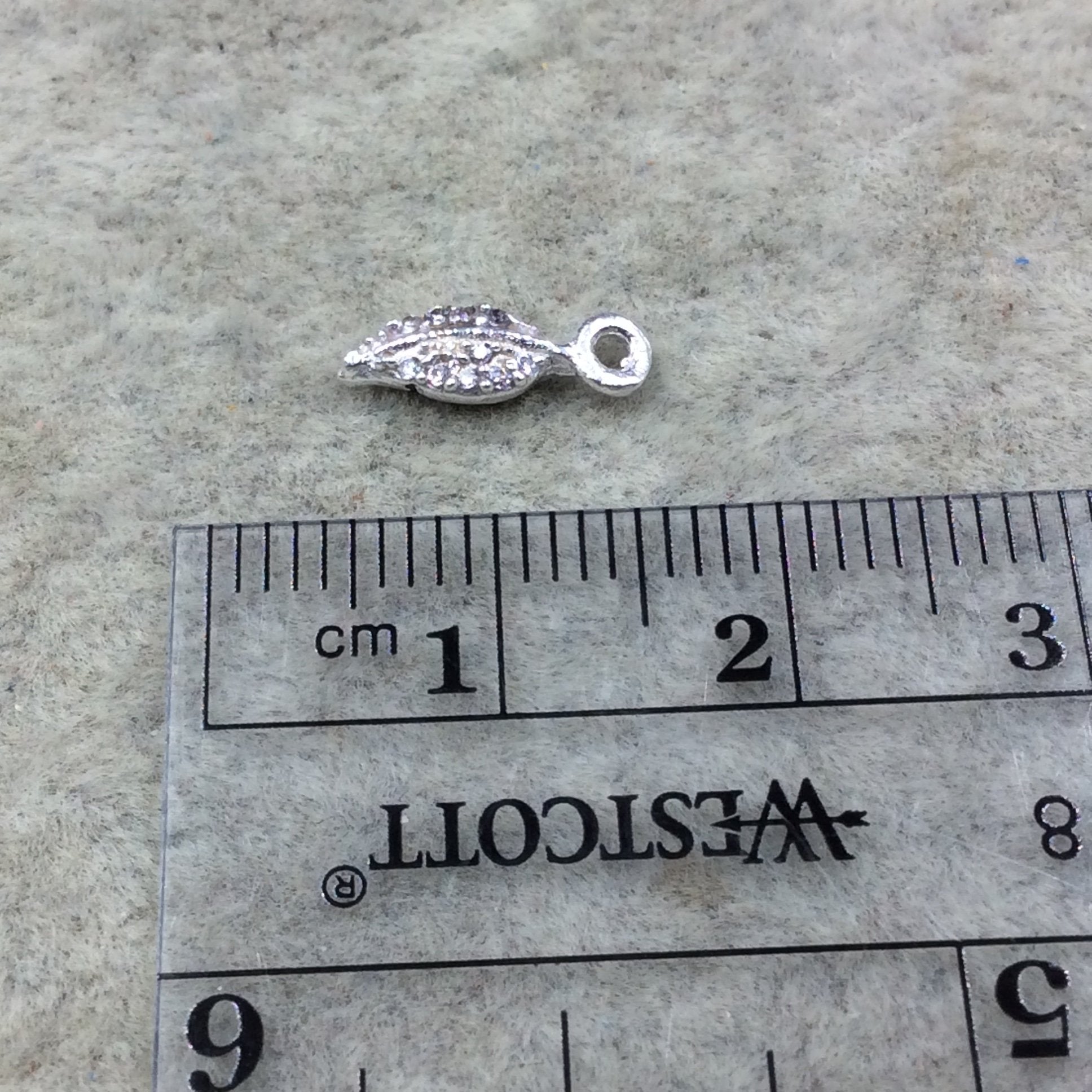 Tiny Silver Finish Long Leaf Shaped CZ Cubic Zirconia Inlaid Plated Copper Pendant Component - Measuring 4mm x 8mm  - Sold Individually