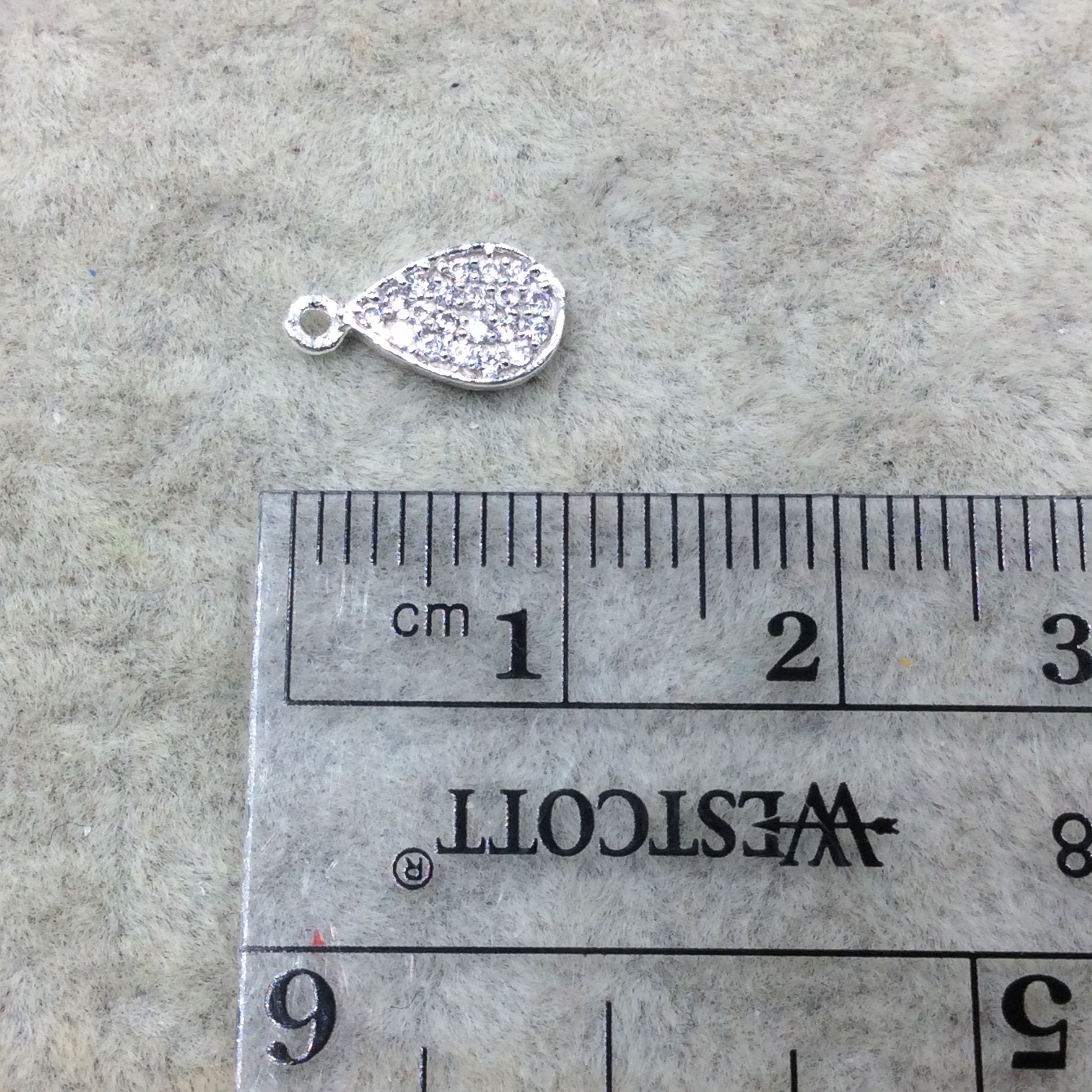 Tiny Silver Finish Teardrop Shaped CZ Cubic Zirconia Inlaid Plated Copper Pendant Component - Measuring 5mm x 8mm  - Sold Individually
