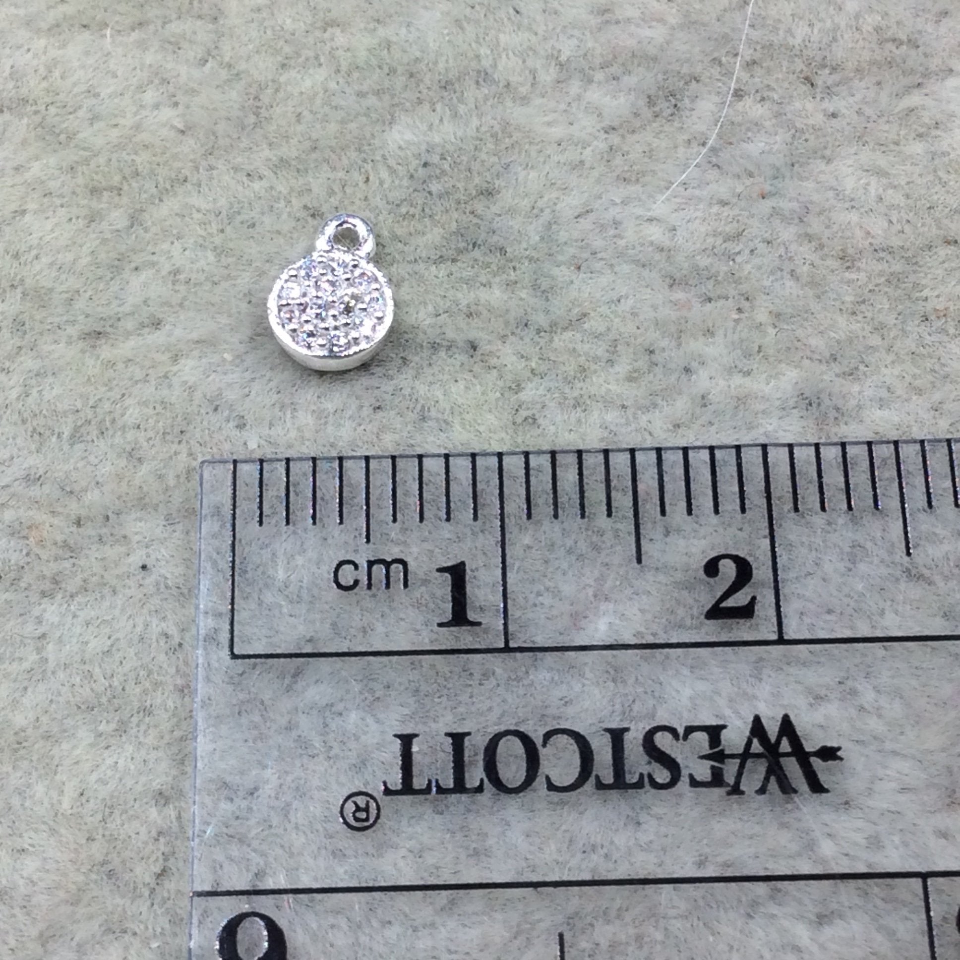 Tiny Silver Finish Round/Coin Shaped CZ Cubic Zirconia Inlaid Plated Copper Pendant Component - Measuring 5mm x 5mm  - Sold Individually