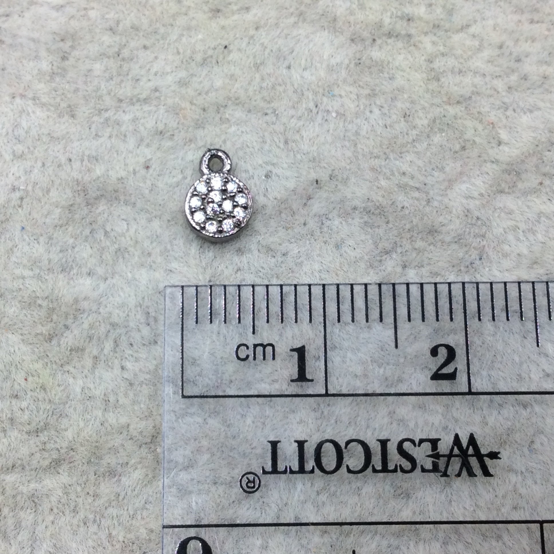 Tiny Gunmetal Finish Round/Coin Shaped CZ Cubic Zirconia Inlaid Plated Copper Pendant Component - Measuring 5mm x 5mm  - Sold Individually
