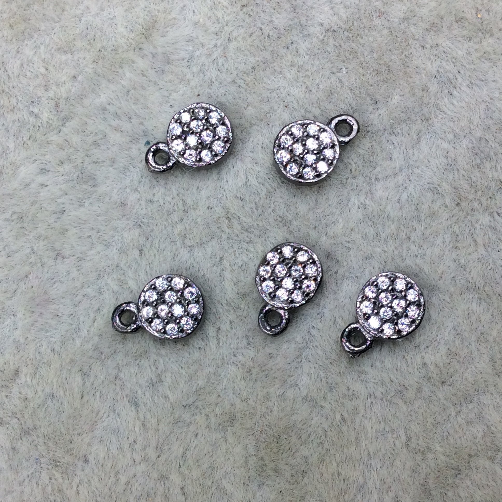 Tiny Gunmetal Finish Round/Coin Shaped CZ Cubic Zirconia Inlaid Plated Copper Pendant Component - Measuring 5mm x 5mm  - Sold Individually