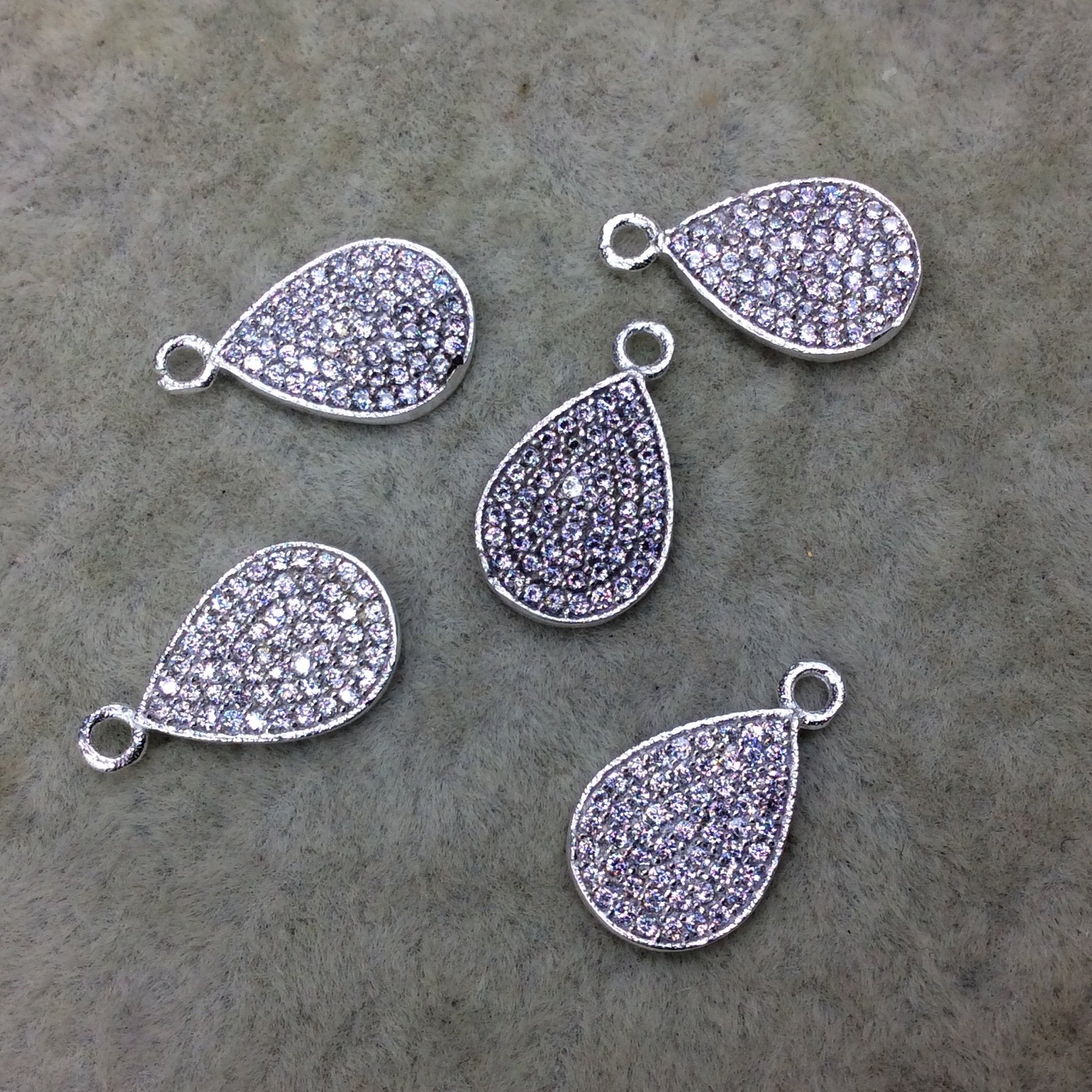 Tiny Silver Finish Teardrop Shaped CZ Cubic Zirconia Inlaid Plated Copper Pendant Component - Measuring 8mm x 12mm  - Sold Individually