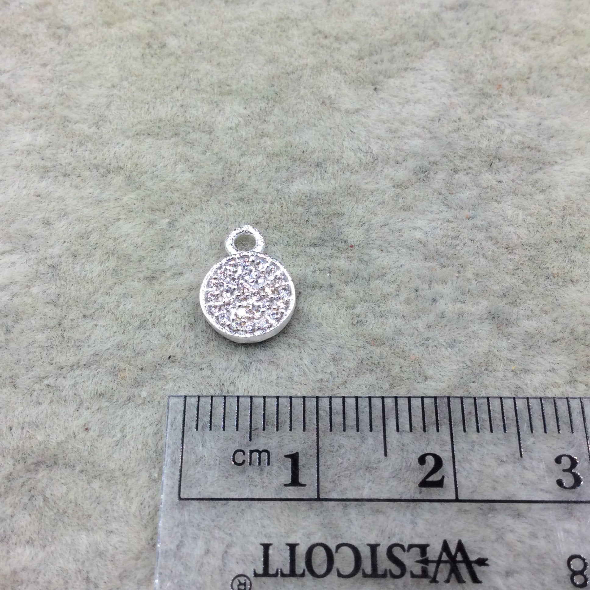 Tiny Silver Finish Round/Coin Shaped CZ Cubic Zirconia Inlaid Plated Copper Pendant Component - Measuring 7mm x 7mm  - Sold Individually
