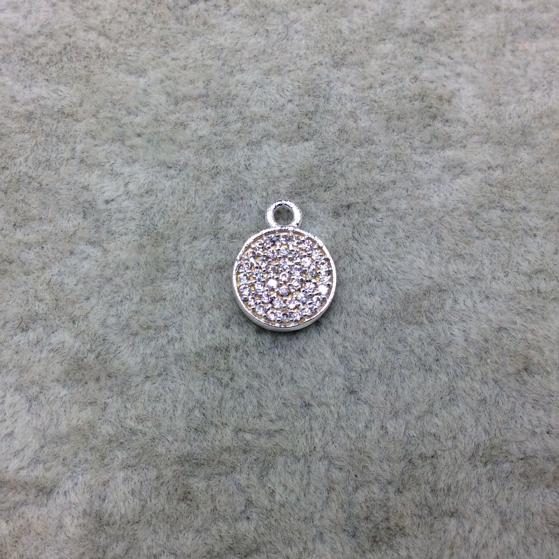 Tiny Silver Finish Round/Coin Shaped CZ Cubic Zirconia Inlaid Plated Copper Pendant Component - Measuring 9mm x 9mm  - Sold Individually