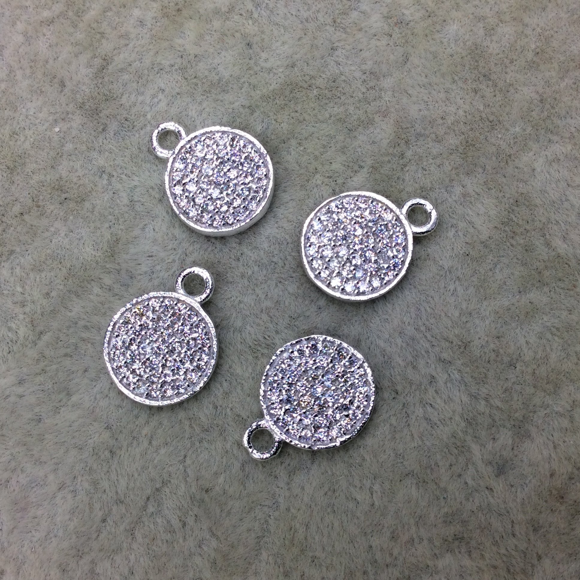 Tiny Silver Finish Round/Coin Shaped CZ Cubic Zirconia Inlaid Plated Copper Pendant Component - Measuring 9mm x 9mm  - Sold Individually