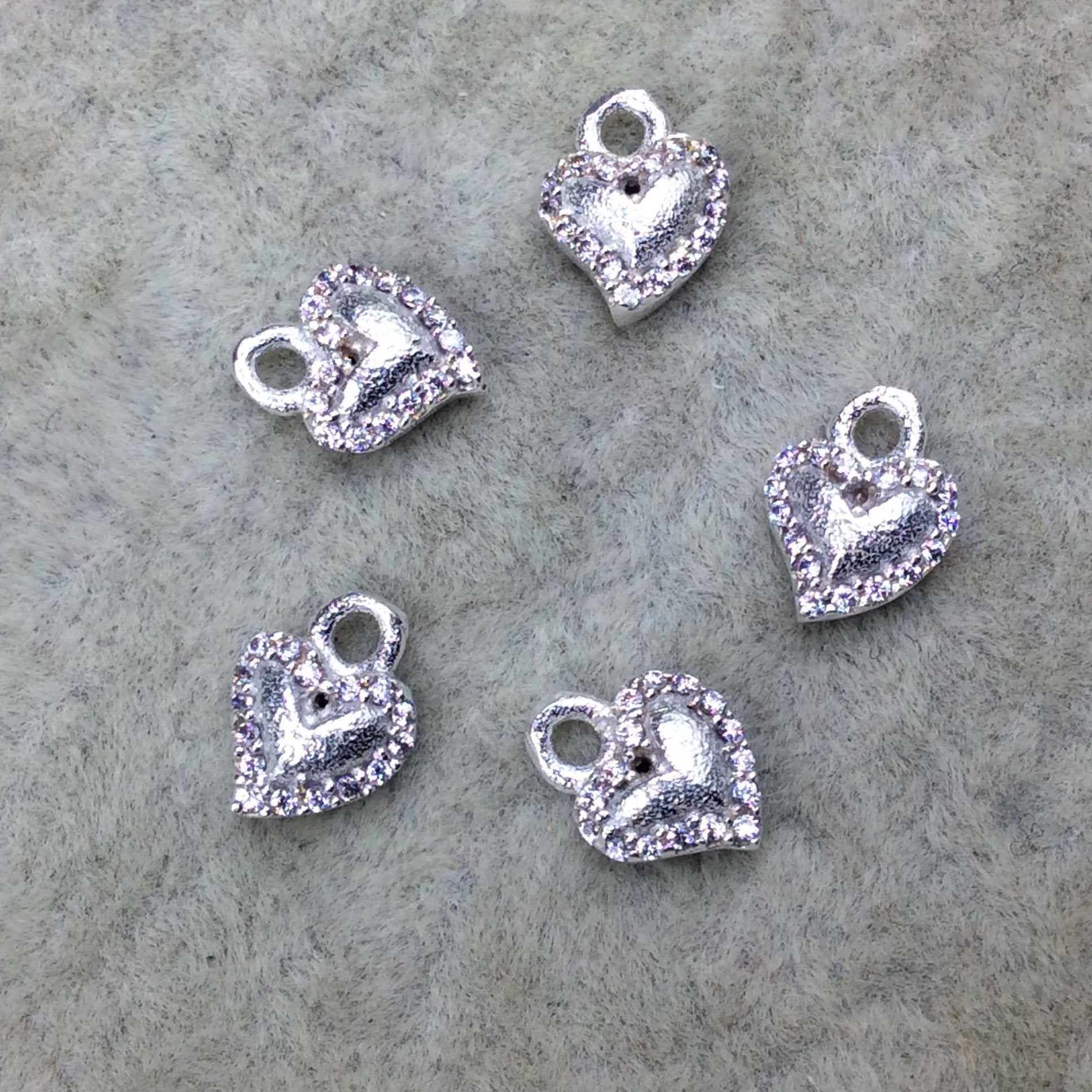 Tiny Silver Finish Freeform Heart Shape CZ Cubic Zirconia Inlaid Plated Copper Pendant Component - Measures 6mm x 6mm  - Sold Individually