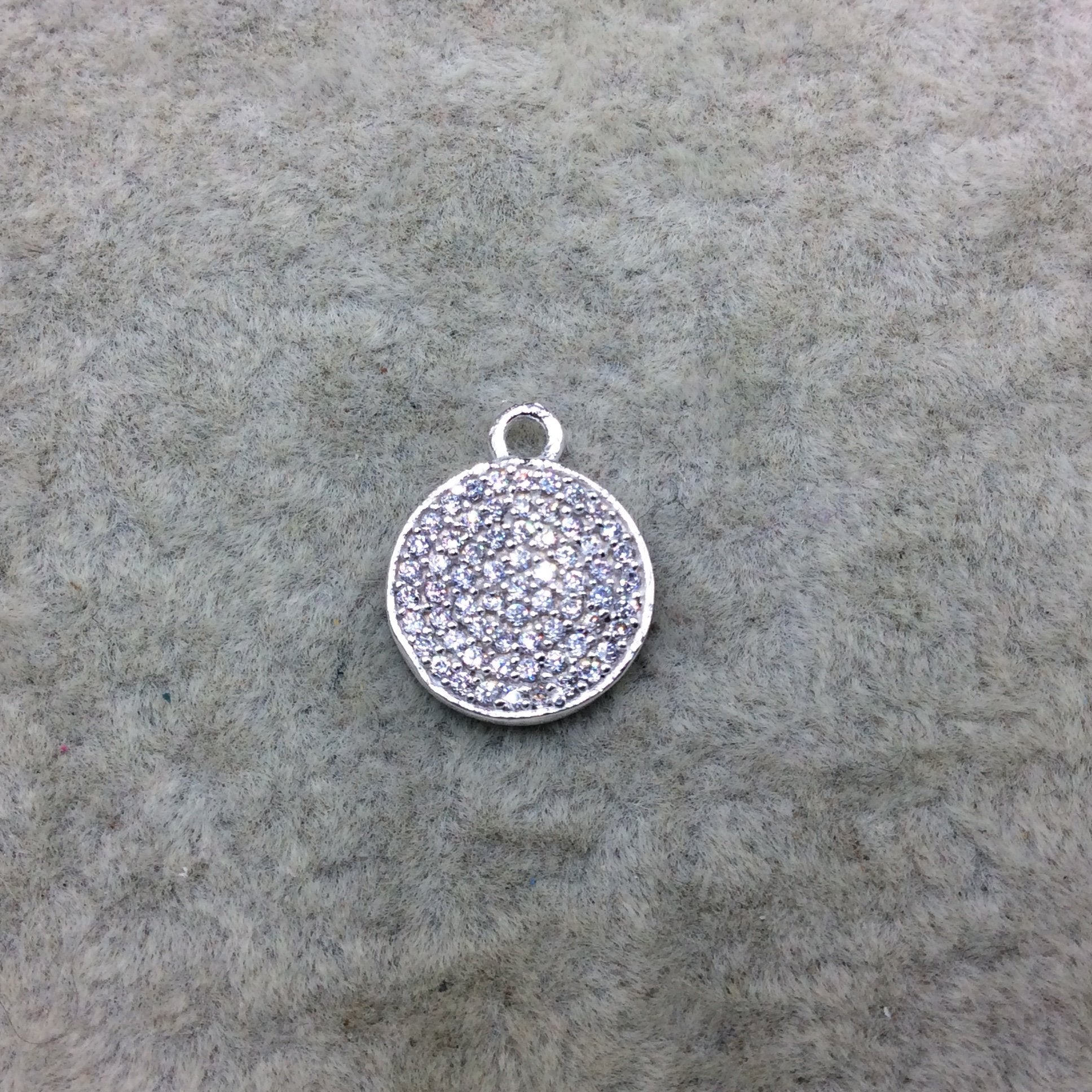 Tiny Silver Finish Round/Coin Shaped CZ Cubic Zirconia Inlaid Plated Copper Pendant Component - Measuring 11mm x 11mm  - Sold Individually