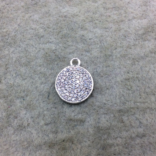 Tiny Silver Finish Round/Coin Shaped CZ Cubic Zirconia Inlaid Plated Copper Pendant Component - Measuring 11mm x 11mm  - Sold Individually