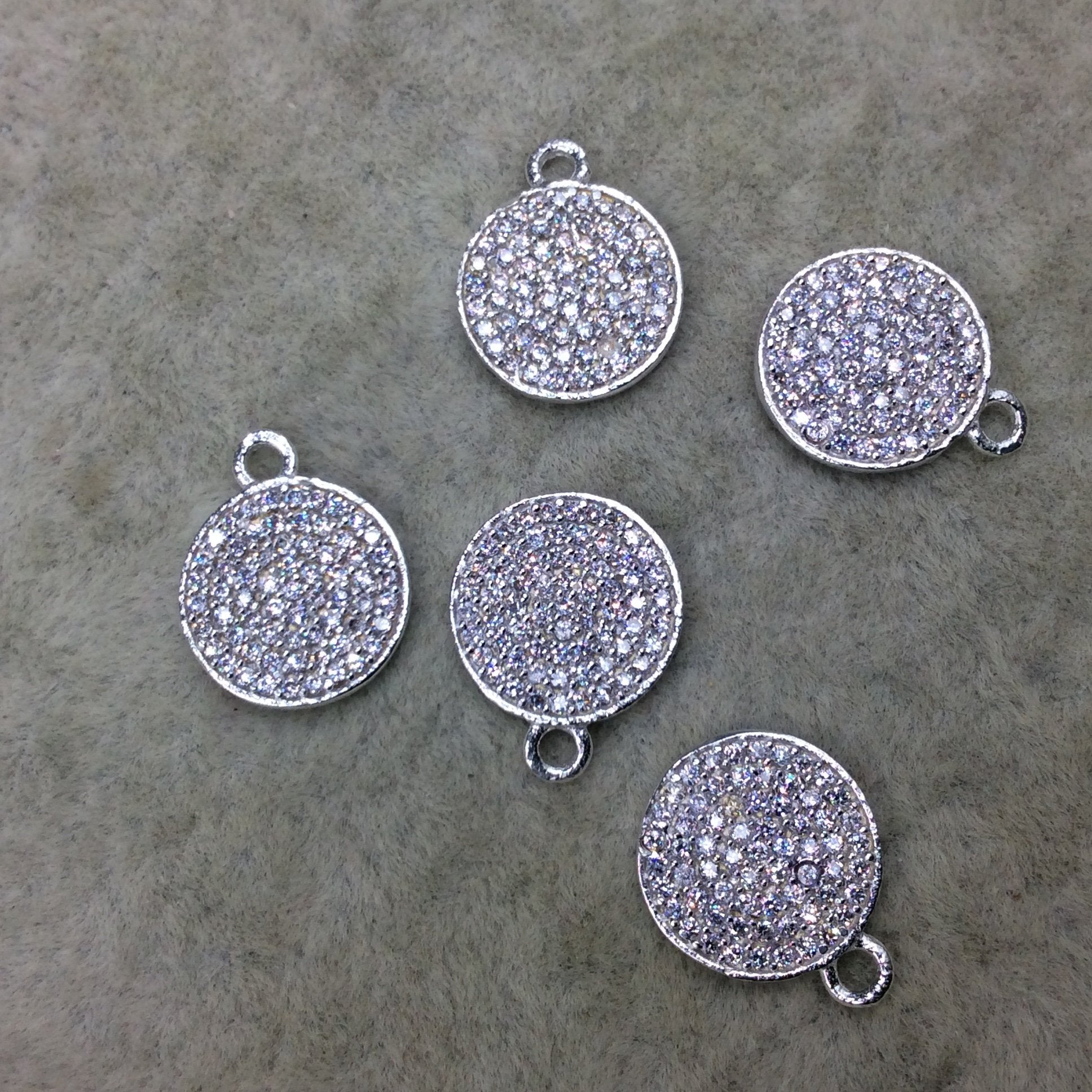 Tiny Silver Finish Round/Coin Shaped CZ Cubic Zirconia Inlaid Plated Copper Pendant Component - Measuring 11mm x 11mm  - Sold Individually