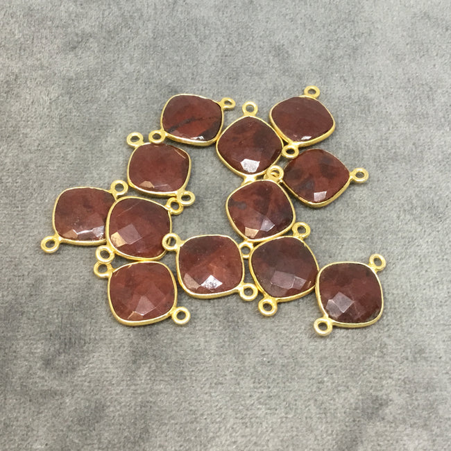 Deep Red Jasper Bezel | Gold Plated Faceted Natural Diamond Shaped Bezel Connector - Measuring 12mm x 12mm - Sold Individually