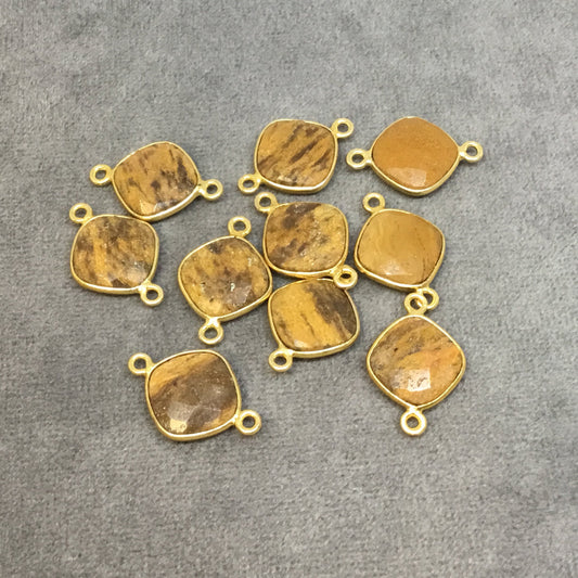 Gold Plated Faceted Natural Brown Tiger Jasper Diamond Shaped Bezel Connector - Measuring 12mm x 12mm - Sold Individually, RANDOM
