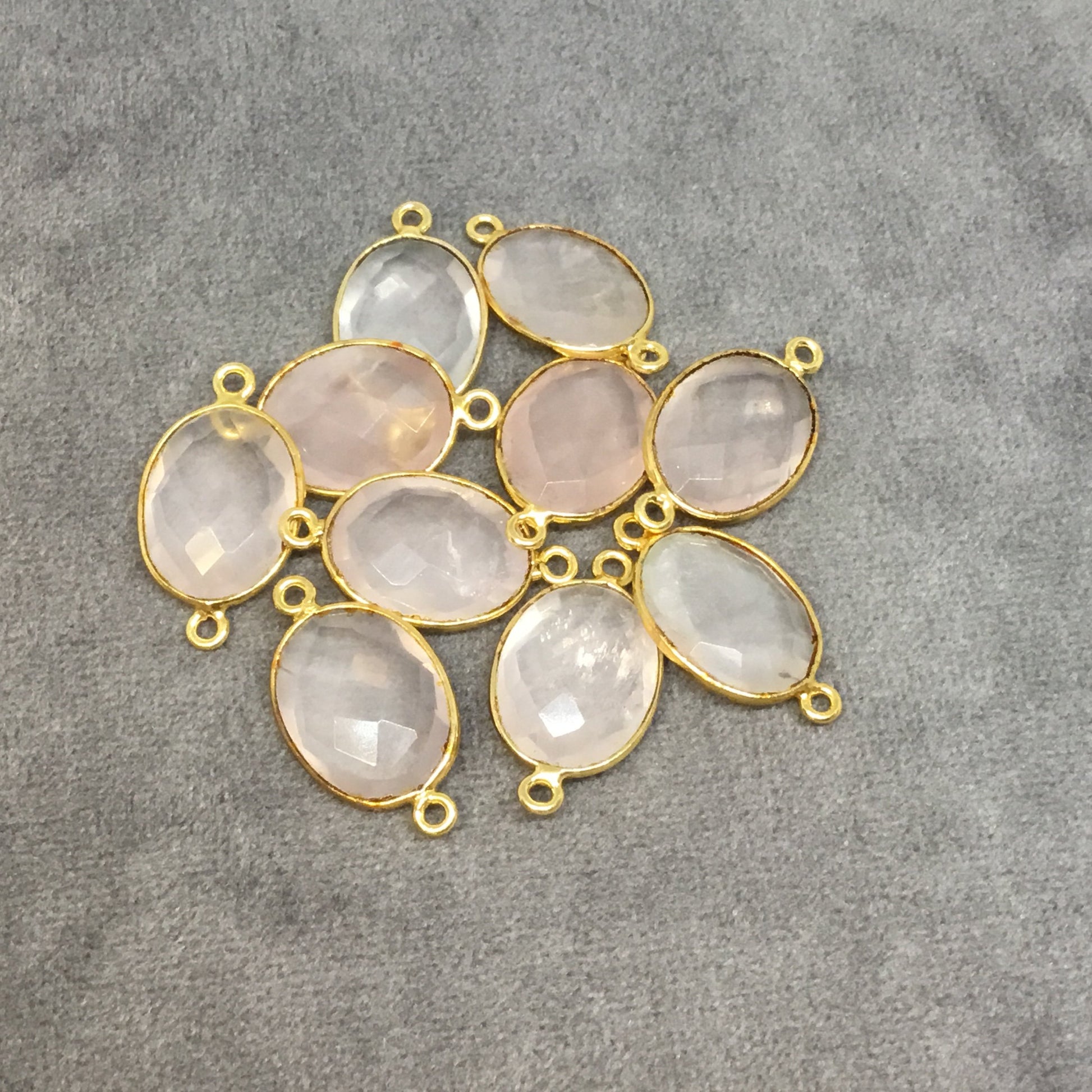 Gold Plated Natural Pale Rose Quartz Faceted Oblong Oval Shaped Copper Bezel Connector - Measures 12mm x 16mm - Sold Individually, Random