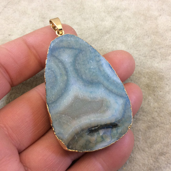 OOAK Large Gold Electroplated Freeform Shaped Teal/Gray/Tan Agate Druzy "A4" Slice Focal Pendant W Bail- ~ 35mm x 60mm, Sold As Shown