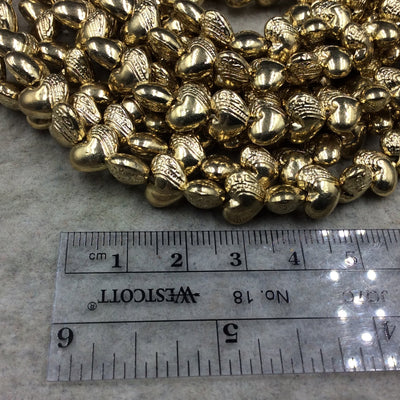 Gold Finish Dotted Pattern Puffed Heart Shape Plated Pewter Beads (26089)- 8" Strand (Approx. 28 Beads) - 8mm x 10mm - 1mm Hole Size