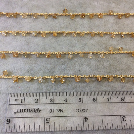 Gold Plated Copper Spaced Single Dangle Wrapped Chain with 3-4mm Golden Citrine Rondelle Dangles - Sold by 1 Foot Length! (SD036-GD)