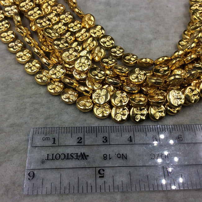 Gold Finish Face Pattern Coin/Round Shape Plated Pewter Beads - 8" Strand (Approx. 26 Beads) - 8mm x 8mm - 1mm Hole Size