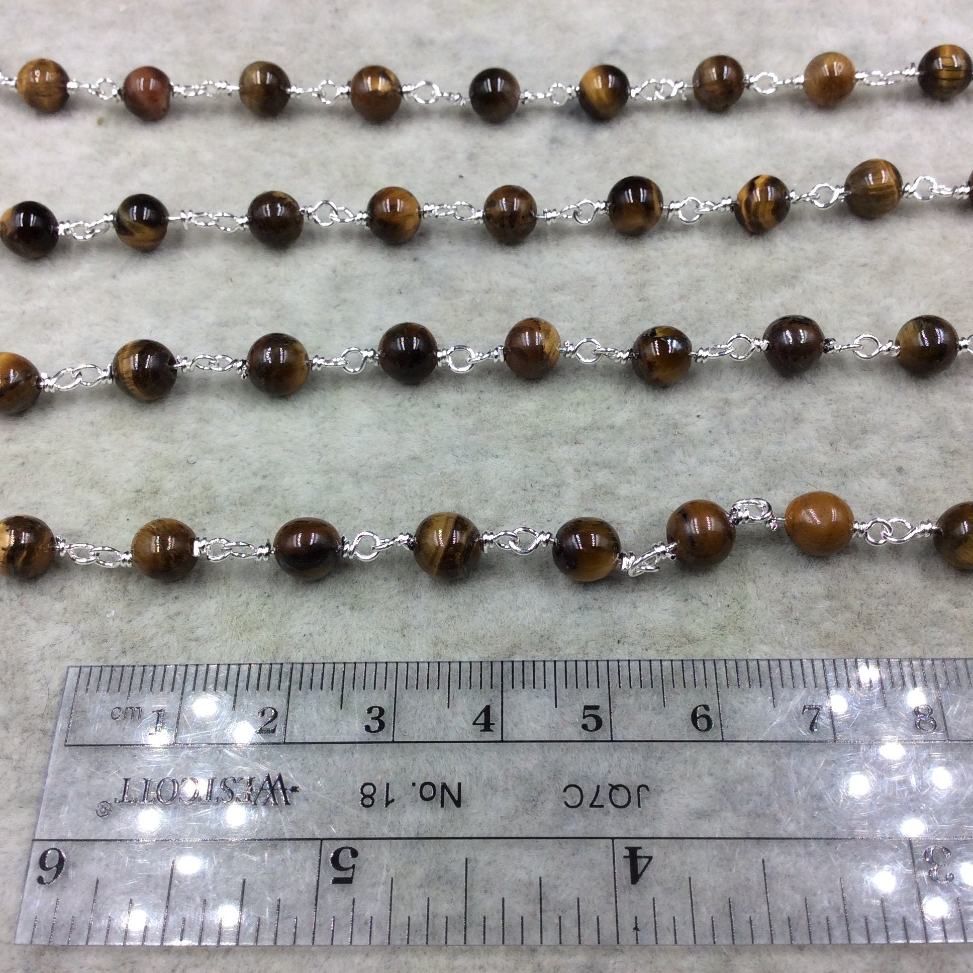 Tiger Eye Rosary Chain - 6mm Beaded Silver Plated Copper Chain