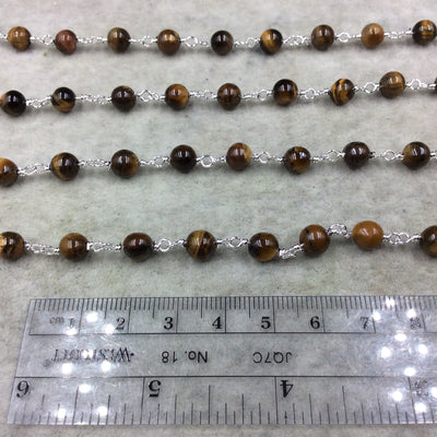 Tiger Eye Rosary Chain - 6mm Beaded Silver Plated Copper Chain