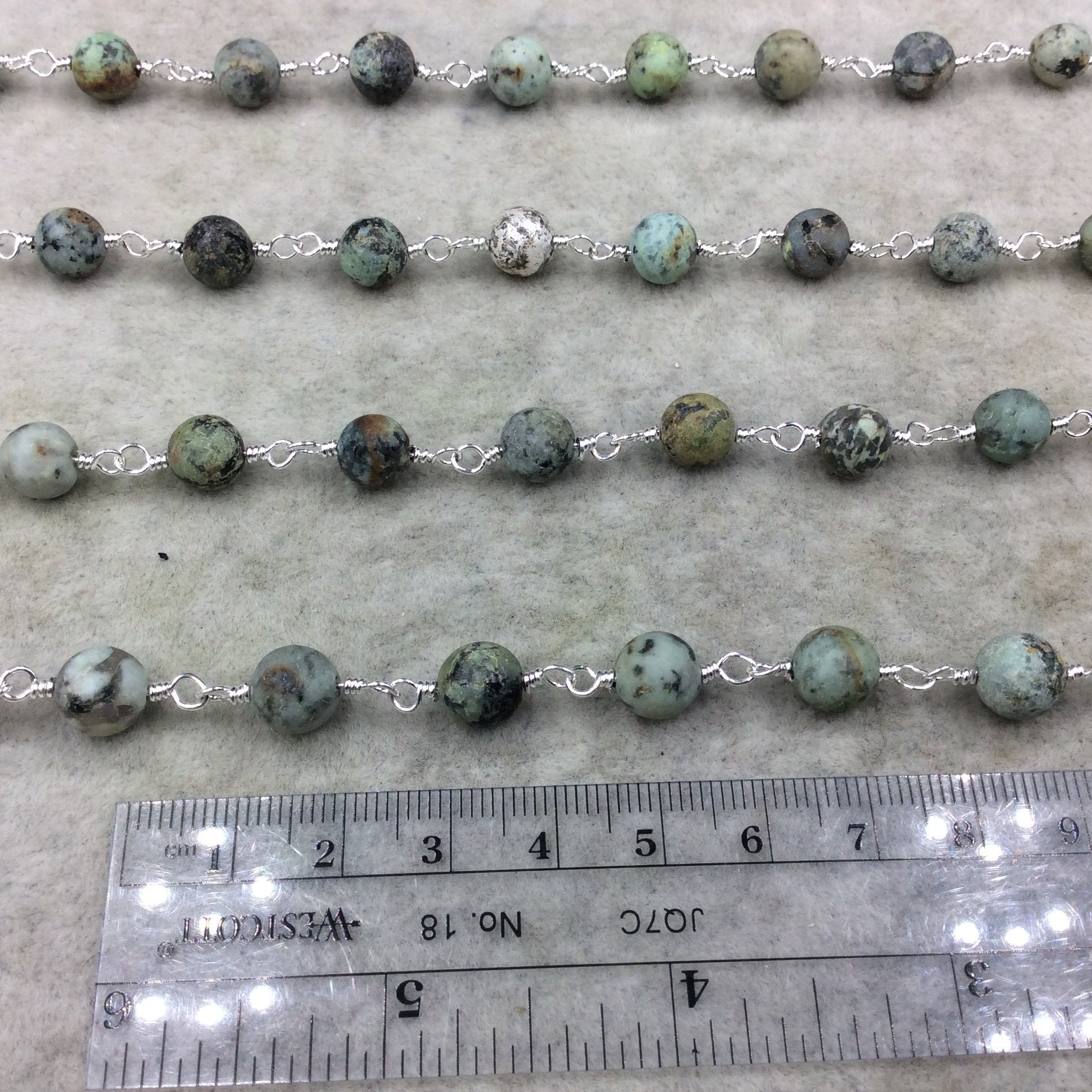 Silver Plated Copper Wrapped Rosary Chain with 8mm MATTE Smooth African Turquoise Jasper Round Shaped Beads - Sold by the foot! (CH421-SV)