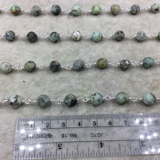 Silver Plated Copper Wrapped Rosary Chain with 8mm MATTE Smooth African Turquoise Jasper Round Shaped Beads - Sold by the foot! (CH421-SV)
