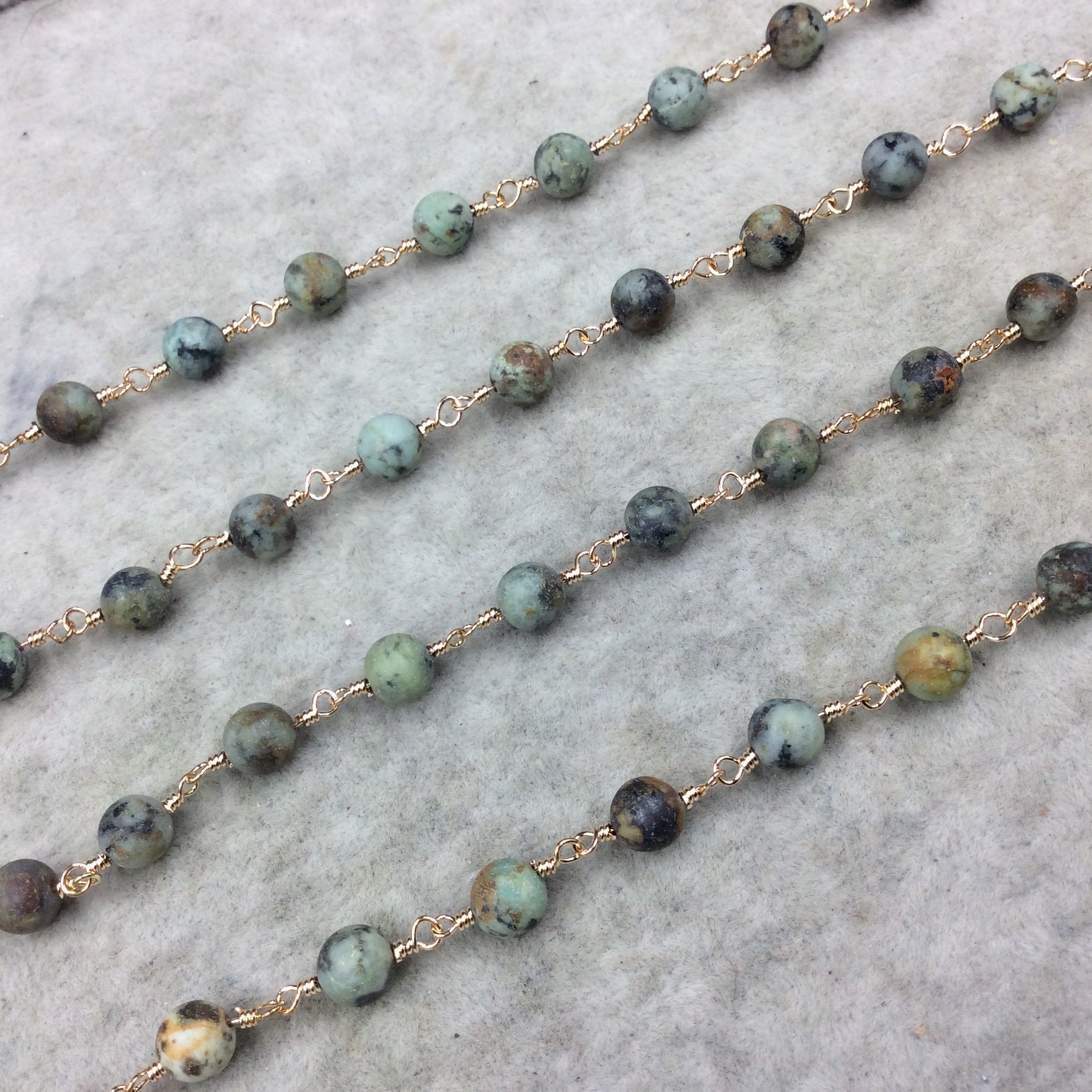 Gold Plated Copper Wrapped Rosary Chain with 6mm MATTE Smooth African Turquoise Jasper Round Shaped Beads - Sold by the foot! (CH315-GD)