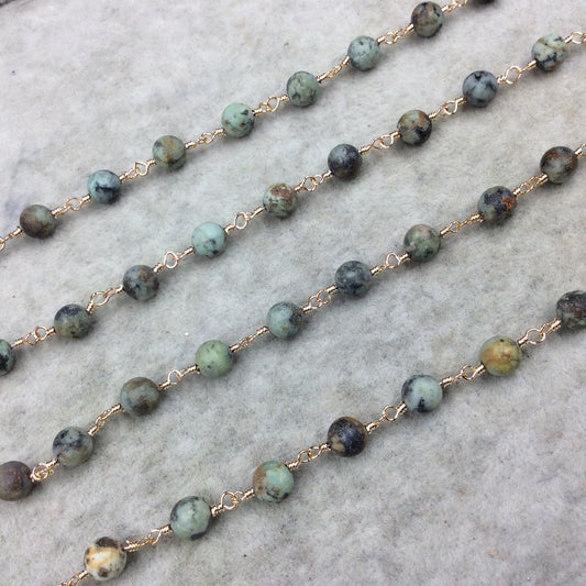 Gold Plated Copper Wrapped Rosary Chain with 6mm MATTE Smooth African Turquoise Jasper Round Shaped Beads - Sold by the foot! (CH315-GD)
