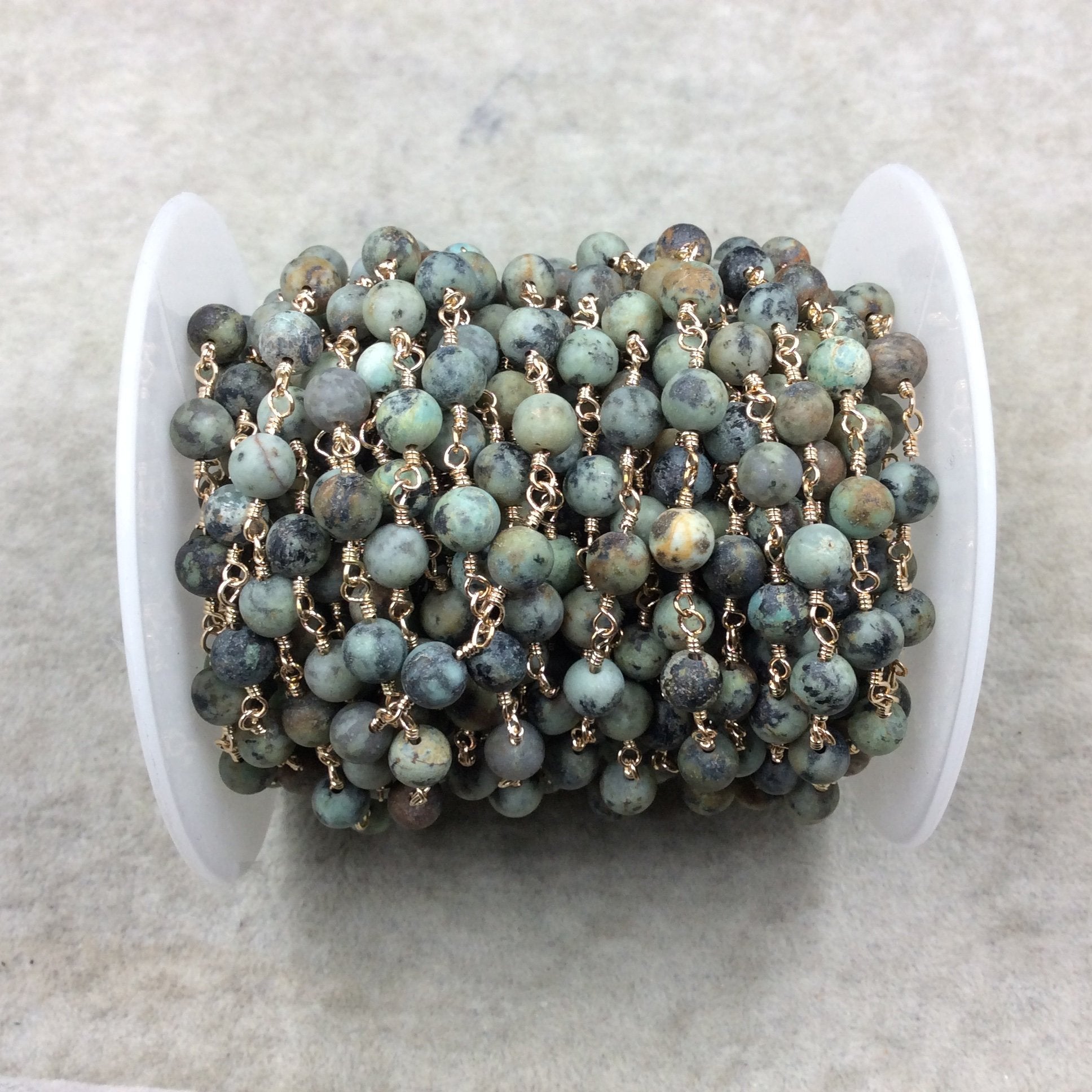 Gold Plated Copper Wrapped Rosary Chain with 6mm MATTE Smooth African Turquoise Jasper Round Shaped Beads - Sold by the foot! (CH315-GD)