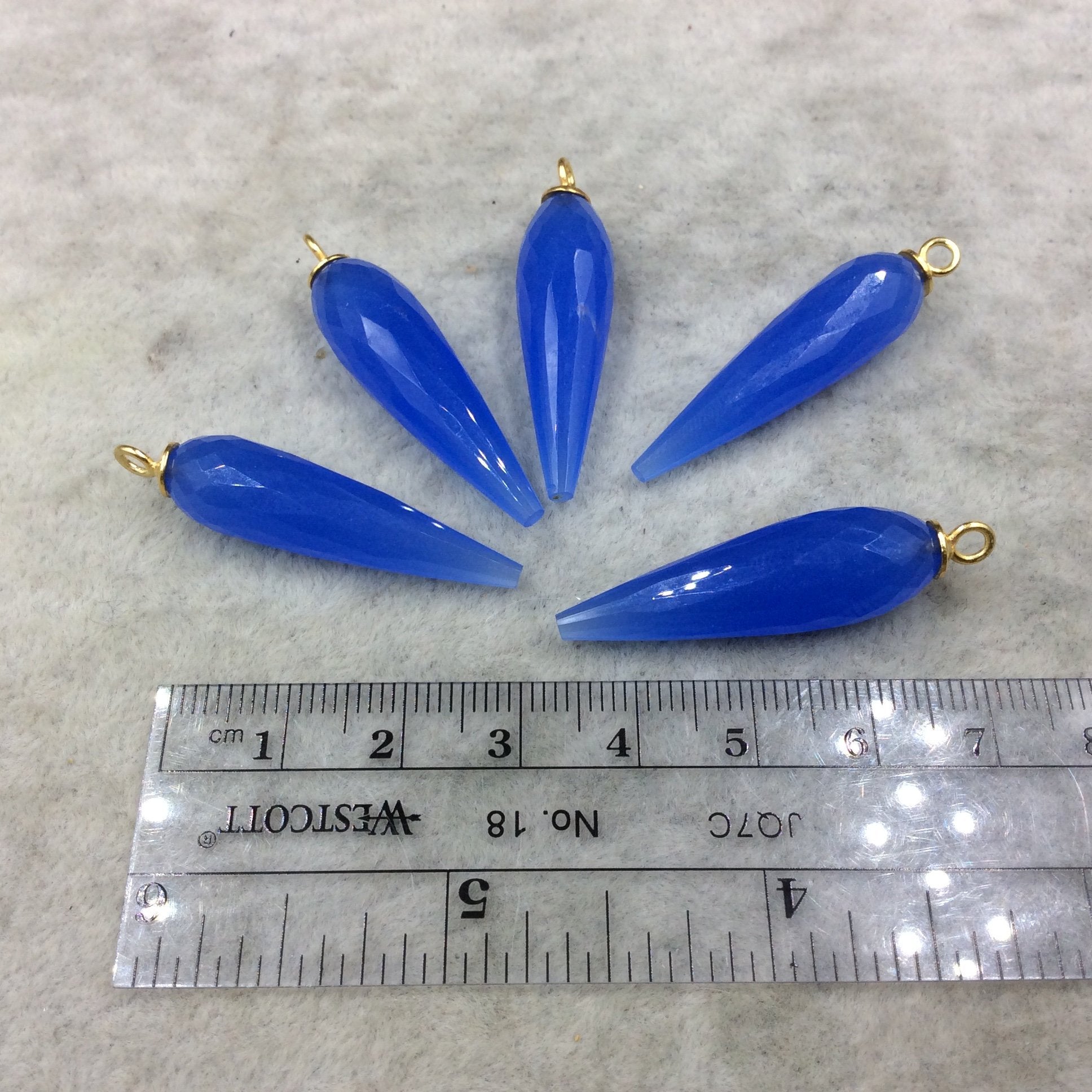 Large Gold Plated Sterling Silver Finish Faceted Spike Opaque Denim Blue Quartz Pendant  ~ 10 x 35-40mm - Sold Per Each, At Random