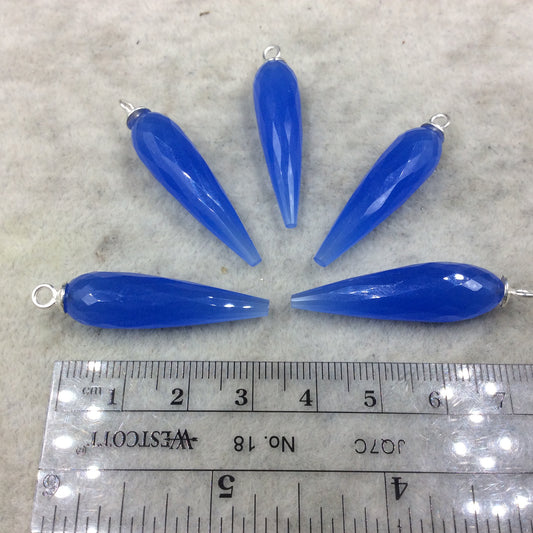 Denim Blue Quartz Bezel | Large Sterling Silver Finish Faceted Spike Opaque Pendant Component  ~ 10mm x 35 - 40mm - Sold Per Each