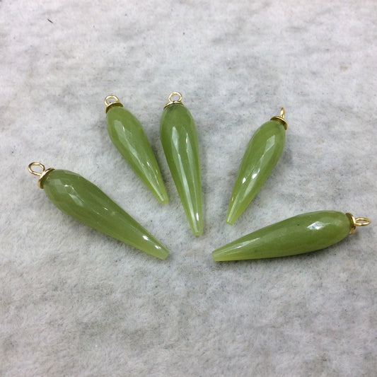 Light Green Quartz Bezel | Large Gold Plated Sterling Silver Finish Faceted Spike Opaque Pendant  ~ 10mm x 35 - 40mm - Sold Per Each