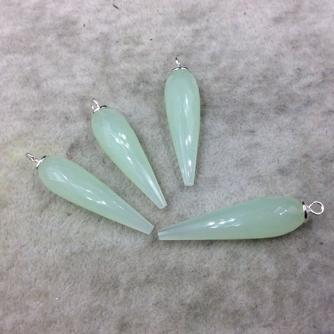 Pale Seafoam Green Quartz Bezel | Large Sterling Silver Finish Faceted Spike Opaque Pendant Component  ~ 10mm x 35 - 40mm - Sold Per Each