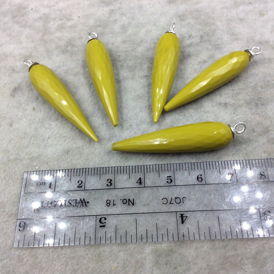 Chartreuse Green Quartz Bezel | Large Sterling Silver Finish Faceted Spike Opaque Component ~ 10mm x 35 - 40mm - Sold Per Each