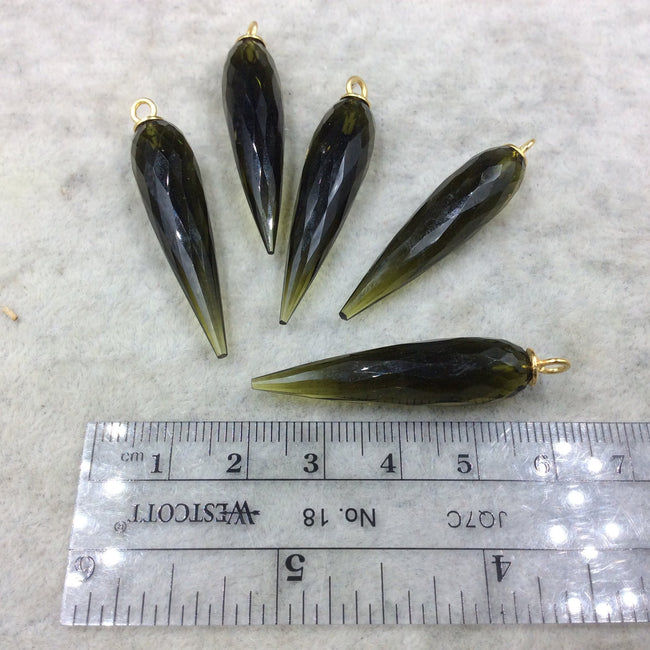 Large Gold Plated Sterling Silver Finish Faceted Spike Transparent Olive Green Quartz Pendant  ~ 10 x 35-40mm - Sold Per Each, At Random
