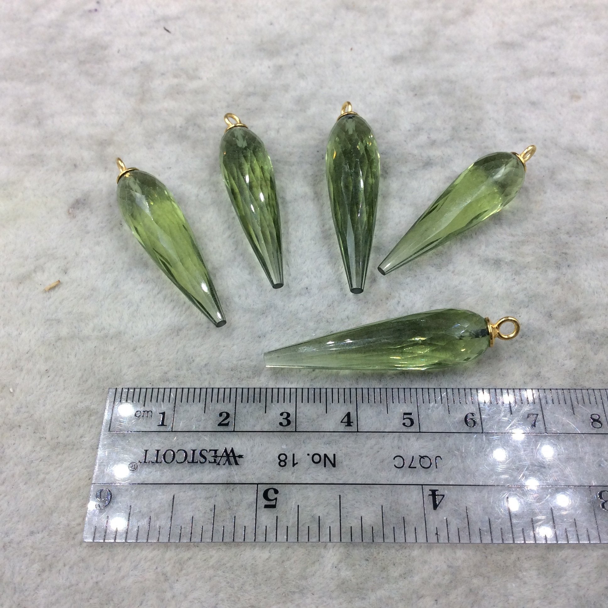 Large Gold Plated Sterling Silver Finish Faceted Spike Transparent Light Green Quartz Pendant  ~ 10 x 35-40mm - Sold Per Each, At Random